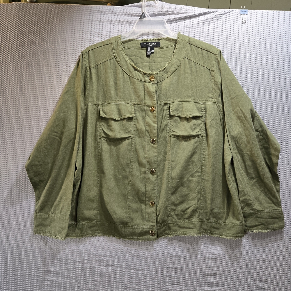 Ellen Tracy Sage Green Linen Blend Button Down Shirt Frayed Edges Lagenook